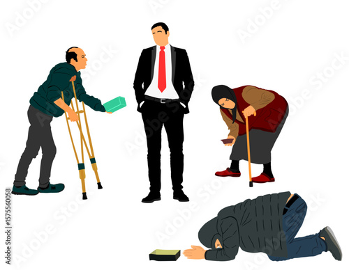 Street homeless beggar with crutches begging for money from businessman vector illustration isolated. Poor hungry people need help for food. Stressful social problem rich man miserable. Misery woman.