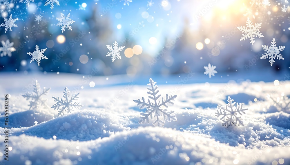 Winter Wonderland Sparkling Snowflakes in the Forest with Sunlit Snowy Landscape. Winter Wonderland Sparkling Snowflakes in the Forest with Sunlit Snowy Landscape.