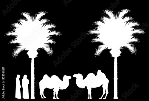 Arabian man and friend sheikh with camel couple under palm tree vector silhouette illustration isolated. Arab sheikh in traditional clothes shape shadow. Desert oasis in Africa. Luxury mirage Dubai.