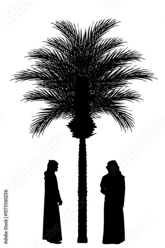 Arabian man and friend sheikh under palm tree vector silhouette illustration isolated. Arab sheikh in traditional clothes shape shadow. Desert oasis in Africa. Luxury mirage Dubai. Head scarf tobe.