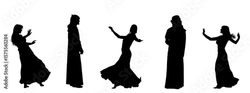 Arabian man sheikh enjoy in belly dance exotic sensual woman vector silhouette illustration isolated. Arab sheikh traditional clothes shape shadow. Desert oasis Luxury mirage Dubai. Arabic folklore.