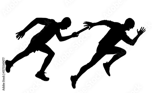 Sprinter runner passes the baton during a race vector silhouette illustration isolated. Shape fast racer running team work relay race from hand. Sport man activity.  Shadow sportsman explosive start.