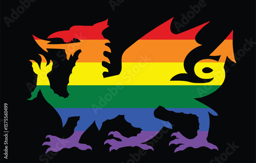 LGBT flag Wales dragon vector silhouette illustration isolated. Gay Wales coat of arms dragon symbol seal, national emblem. Banner COA Wales sticker. Wild winged beast. Pride symbol.