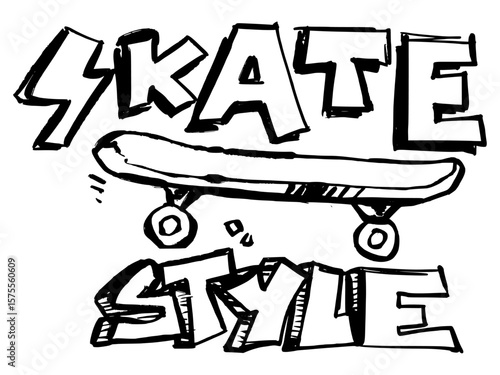 Hand-drawn graffiti illustration with "SKATE STYLE" text and board. Urban black vector art with bold strokes and expressive street design.