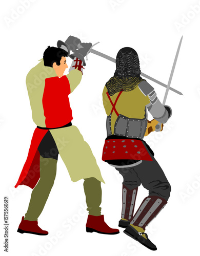 Duel knights with shield and sword fight vector illustration isolated. Medieval fighter battle. Hero protects castle walls. Armed brave man defend family people honor. Protect country against enemy.