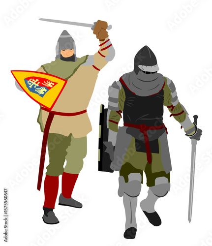 Duel knights battle shield sword fight vector illustration isolated. Medieval fighter hero protect castle. Armed brave man defend honor against enemy. Betrayal cowardly stabbing knife in back treason.