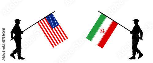 Enemy army conflict USA soldier flag VS Iran warrior flag vector silhouette illustration isolated. War combat crisis diplomacy deal. Negotiation agreement peace strategy. Nuclear power Middle East.