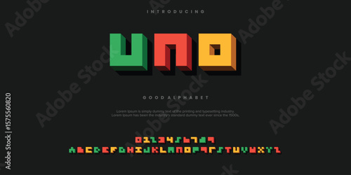 UNO Vector advertising banner Classic Cuisine. Modern 3D Font. Bright Alphabet Letters and Numbers set.
