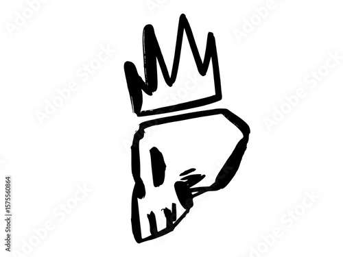 Hand-drawn skull with crown in graffiti style. Vector black street art tag with expressive bold outline and strong urban energy.