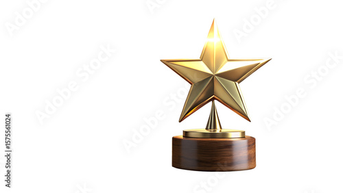 A gleaming golden star trophy with a polished wooden base, symbolizing achievement and success, presented in a studio setting isolated on a transparent background
