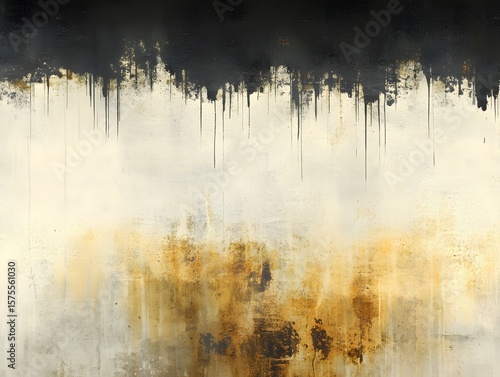 Abstract Grunge Texture Background Dripping Paint Beige Black Gold Wall