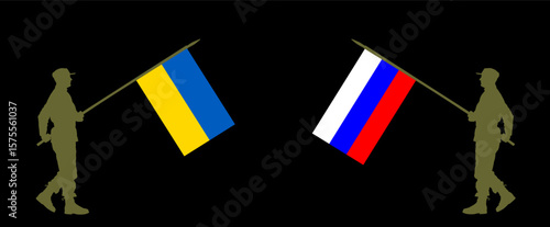 Enemy army negotiation Ukraine soldier flag against Russia warrior flag vector silhouette illustration isolated. War combat crisis diplomacy deal. Diplomat agreement strategy for peace. Battlefield.