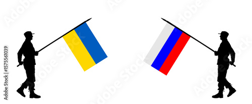 Enemy army negotiation Ukraine soldier flag against Russia warrior flag vector silhouette illustration isolated. War combat crisis diplomacy deal. Diplomat agreement strategy for peace. Battlefield.