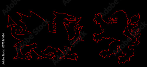 Royal heraldry wild beast fight dragon and lion battle vector line contour silhouette illustration isolated. Heraldic animal symbol coat of arms. Shield Wales VS Hesse Germany town seal Europe city.
