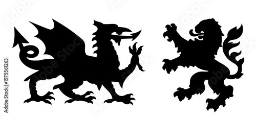 Royal heraldry wild beast fight dragon against lion battle vector silhouette illustration isolated. Heraldic animal symbol coat of arms. Shield Wales VS Hessen Hesse Germany town seal Europe city.