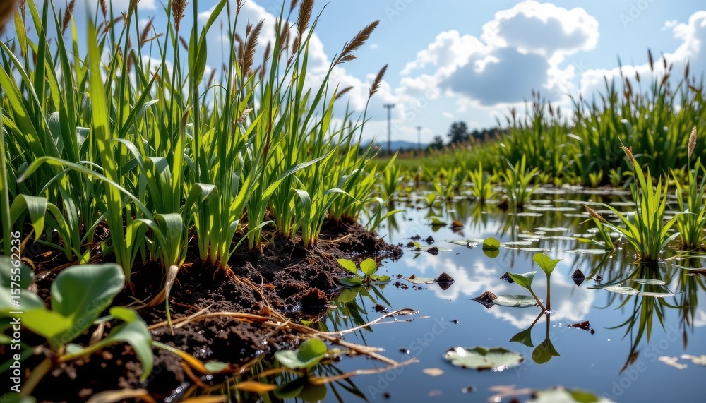 Obraz premium carbon sequestration in wetlands trapping carbon in plant biomass and soil, photorealistic ecosystem showing nature's role in climate regulation.