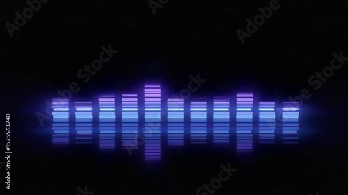 Pulsating equalizer bars in purple and blue tones, animated audio visualizer background with static camera. Ideal for looping music visuals, DJ shows, ambient displays, and VJ content