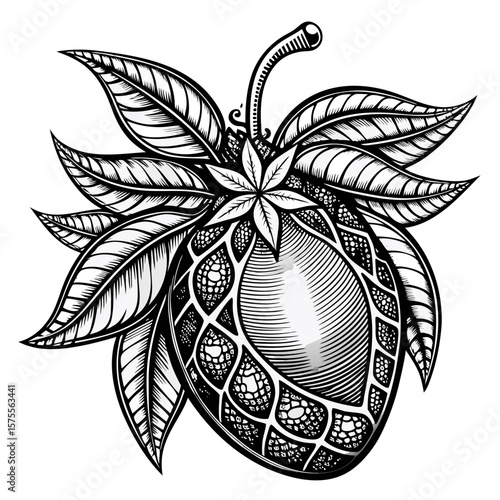 Intricate Black and White Mango Illustration with Detailed Leaf Patterns