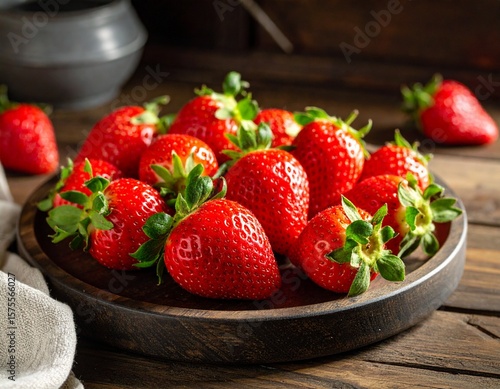 Juicy red strawberries displayed on a rustic wooden platter