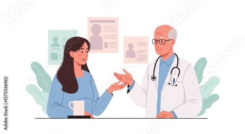 A doctor consults with a female patient, discussing her health and medical history in a friendly manner.