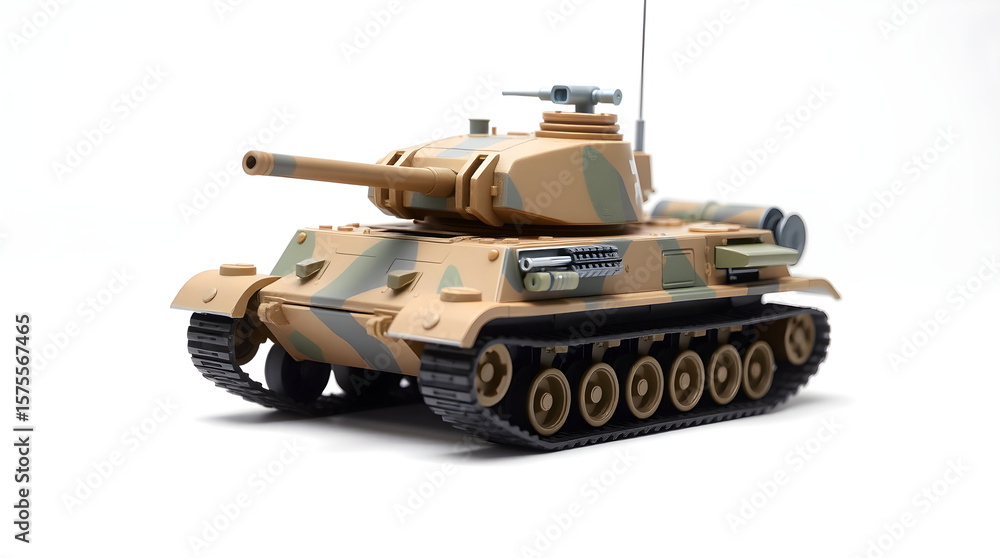 Camouflaged tank showing its power on white background Camouflaged tank showing its power on white background