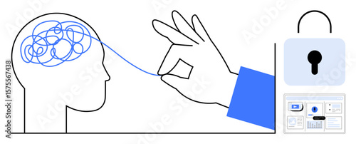 Hand untangling brains chaos into clarity, alongside elements of organization, security, and technology. Ideal for mental health, productivity, innovation, problem-solving, therapy mindfulness