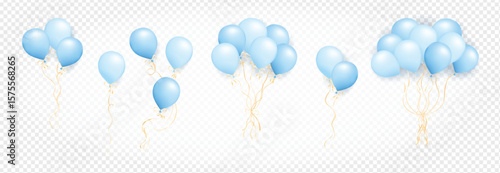 Realistic blue air balloons set isolated on transparent background. Bunch of pastel helium balloons. Set of One, two, three, six and nine 3D air balloons for anniversary, birthday, wedding, party