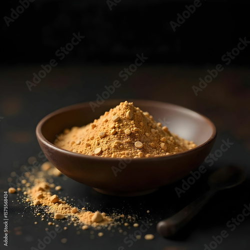 Liquorice root stick or jeshthamadh powder served in a bowl over moody background