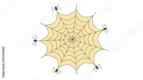 Illustration of a spiderweb with eight points and six spiders around the web on white background