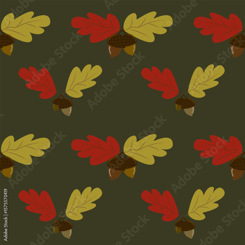 Seamless vector pattern of autumn leaf and acorn clusters in fall colors on a dark olive green background. Perfect for rustic fall textiles and woodland themes.
