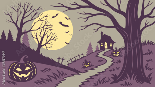 Halloween night scene with bats flying over a full moon, pumpkins, spooky house and bare trees on a hill