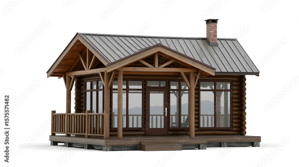 Wooden mountain cabin with porch and chimney on white background Wooden mountain cabin with porch and chimney on white background