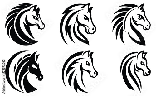 Stylized Horse Vector Heads Logos in Black and White Silhouettes Illustration
