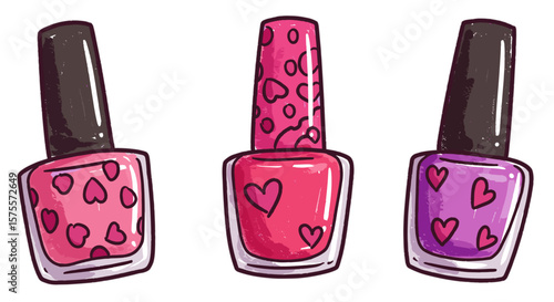 Cheerful hand-drawn crayon collection of nail polish tubes in pink, raspberry, and purple — colorful doodle naive kids style on transparent background for beauty stores and cosmetic websites

