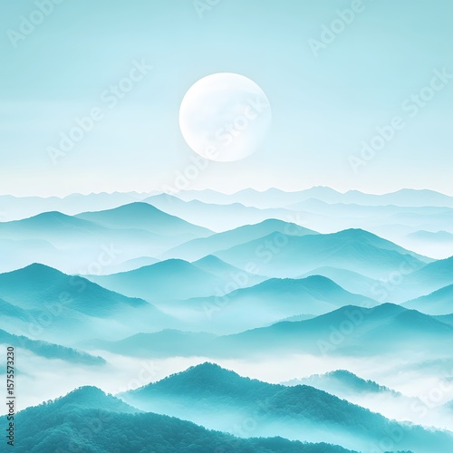 Serene Misty Mountainscape with Full Moon