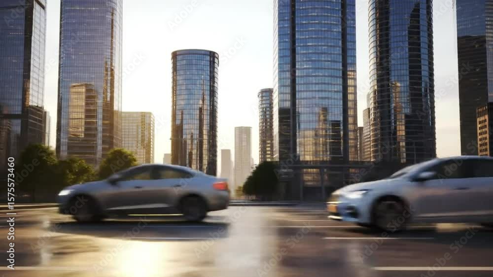 Busy city road with moving vehicles, set against a backdrop of towering skyscrapers and urban architecture. A dynamic urban scene showcasing transportation and city life in motion. Busy city road with moving vehicles, set against a backdrop of towering skyscrapers and urban architecture. A dynamic urban scene showcasing transportation and city life in motion.