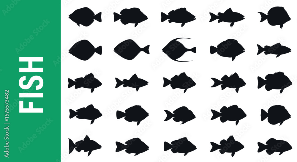 Naklejka premium A collection of 25 Fish-related editable Silhouette.