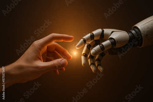 A human hand reaching toward a robotic hand with soft glowing light between them. Emotional, symbolic depiction of AI and human connection, trust, and technological evolution.
