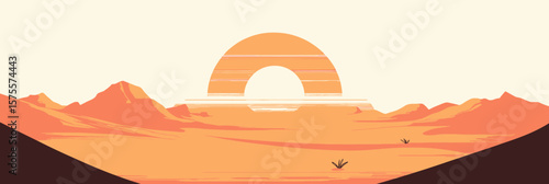 Sunrise over minimalist desert landscape with dunes and rocky mountains in warm orange and yellow tones flat vector illustration