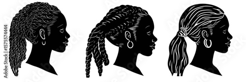 Silhouette profiles of three women with different braided hairstyles and ponytail in flat minimalist style vector illustration black and white design