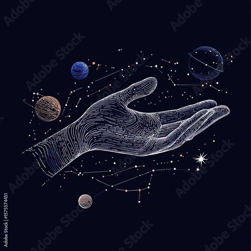 Abstract cosmic open hand with planetary orbits, stars, constellations, and celestial bodies in mystical space illustration with glowing lines and dots concept