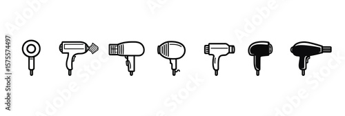 Set of hair dryer icons silhouette and outline in minimalist style representing hair styling tools for beauty and salon equipment vector illustration