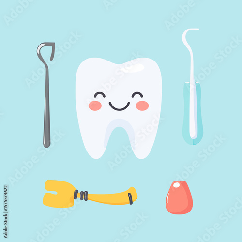 Smiling cartoon tooth with dental tools including dental mirror scaler floss and orthodontic bracket appliance in flat minimalist style