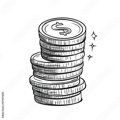 Hand drawn stack of dollar coins sketch with shining sparkle marks finance wealth investment savings concept minimalist line art vector illustration