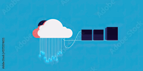 Cloud storage data transfer to server racks with glowing digital rain network connection and futuristic technology concept flat vector illustration