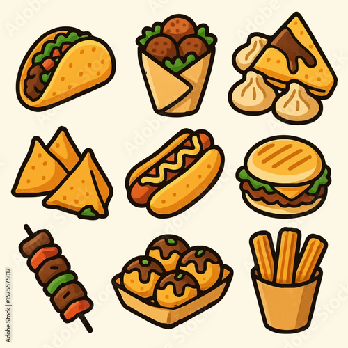Famous Global Street Food Vector Icon Set