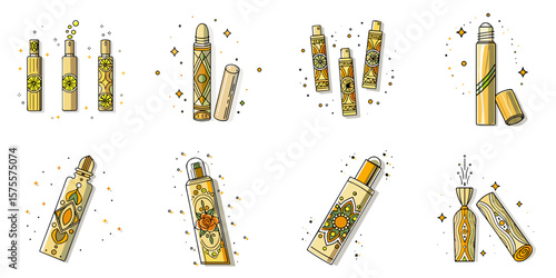 Spray, bottles, rollers, lipstick icon set for beauty blogs, cosmetic websites, and skincare product presentations