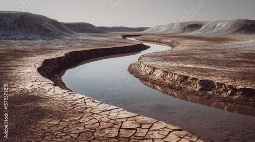 A dried Martian riverbed crafted from shattered mirrors reflecting the absence of water