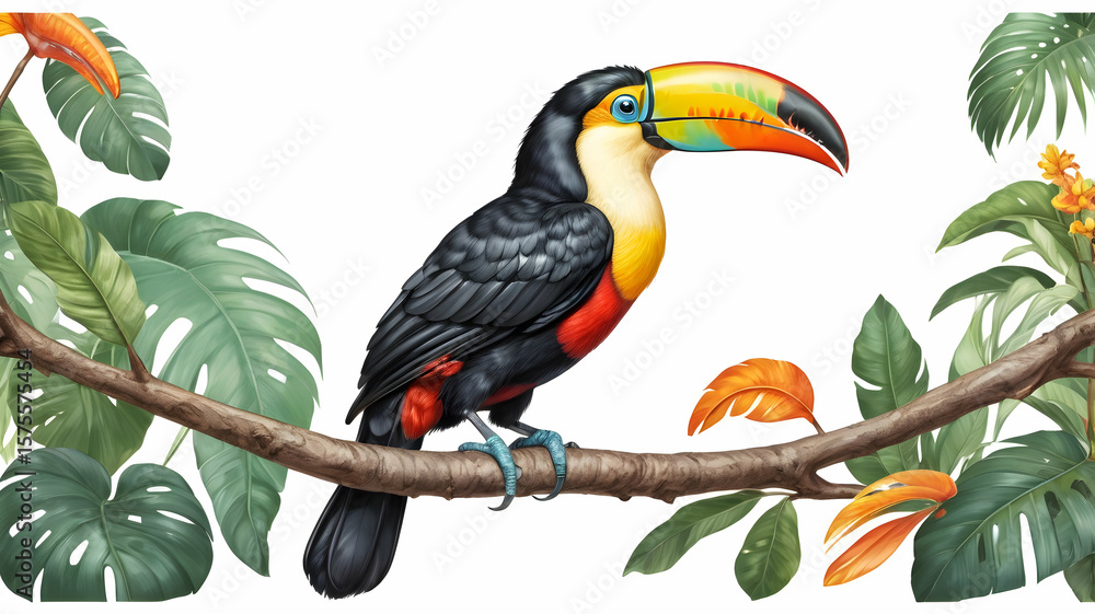 Obraz premium Vibrant toco toucan (ramphastos toco) perched gracefully on a tropical tree branch showcasing isolated on white background
