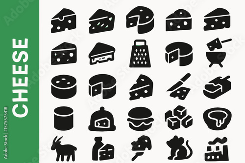 A collection of 25 Cheese-related editable Black Silhouette Icon.
